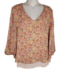 Lauren Conrad Women Blouse Large Layered Chiffon Boho Lace Back Top V Neck Ditsy
